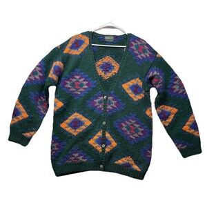 Vintage Cricket Hand Knit Wool Cardigan Sweater Women’s Medium Green Cottagecore